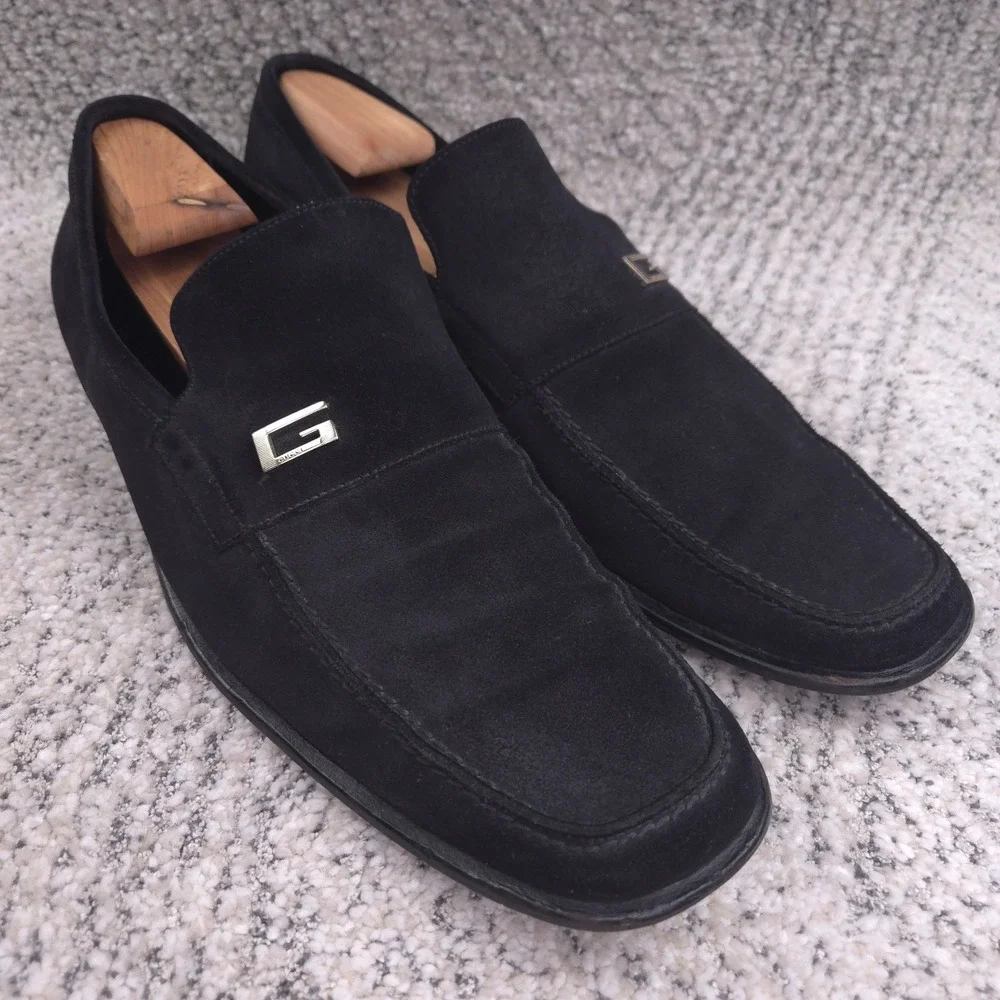 Gucci Loafers Mens Size 13D 13.5 US Shoes Slip On Suede Logo Black Square Toe